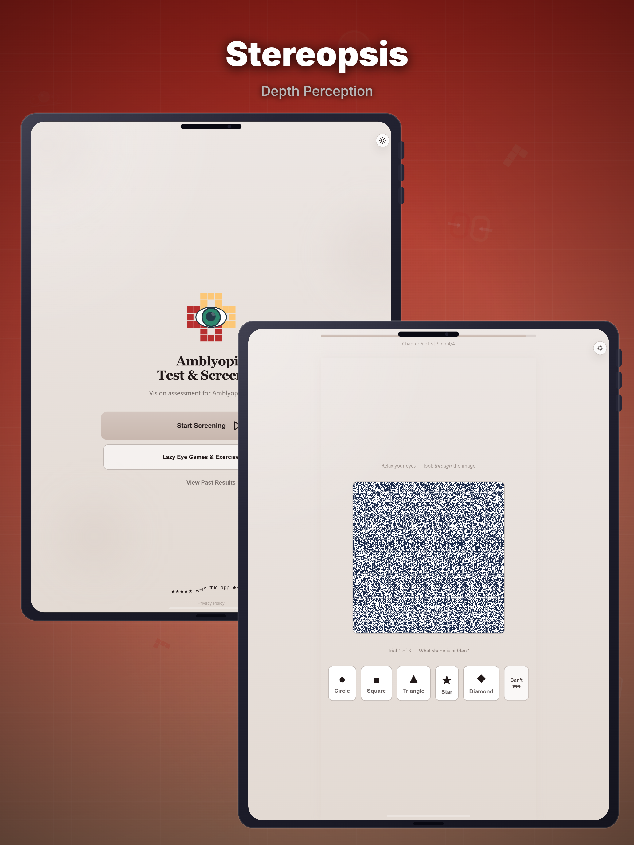 Amblyopia Test and Screening app on iPad showing the launch screen and stereopsis depth perception assessment for binocular vision screening