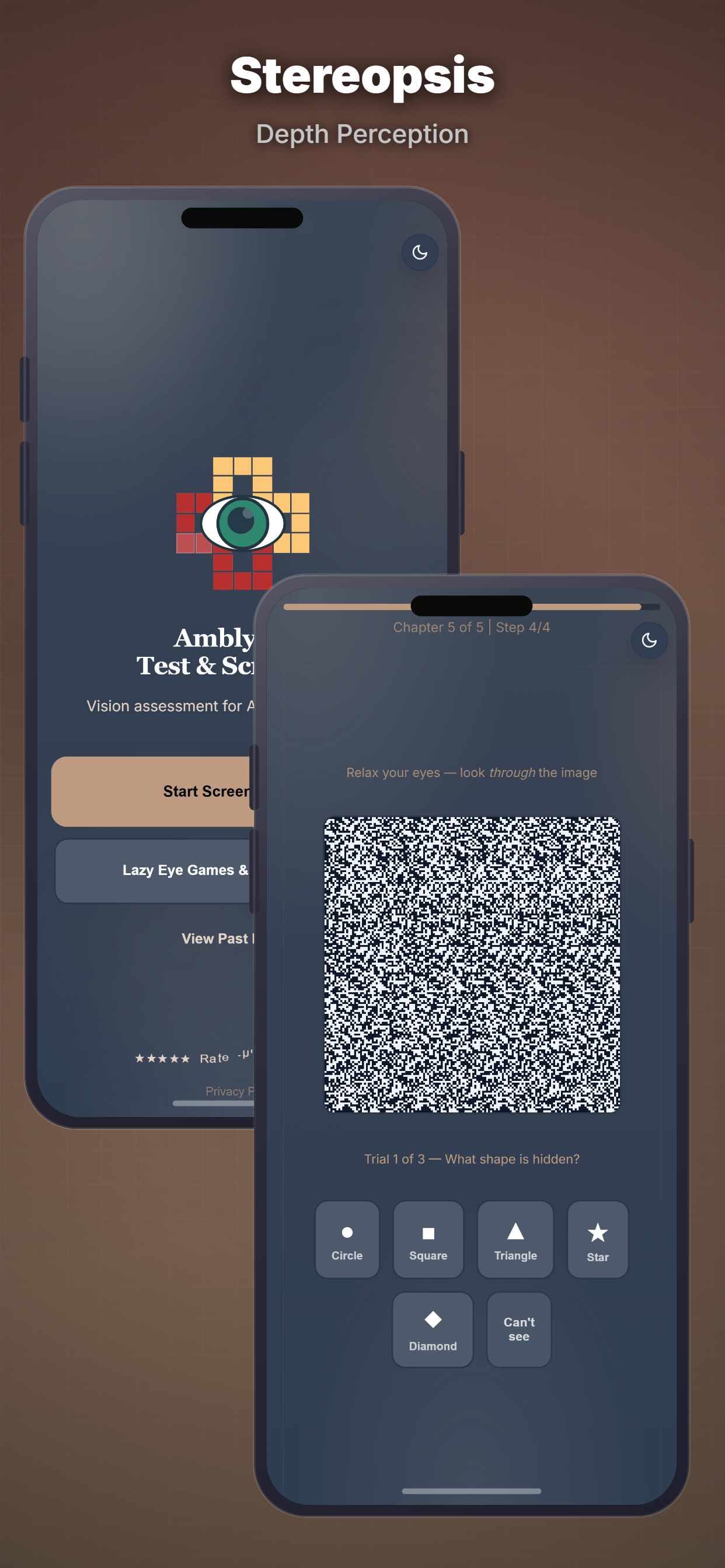 Amblyopia Test and Screening app stereopsis depth perception screen on iPhone showing a random-dot stereogram and hidden-shape answer buttons