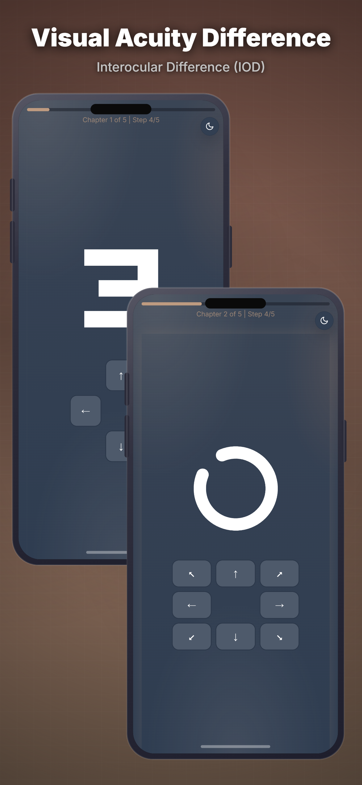 Amblyopia Test and Screening app visual acuity difference screens showing Tumbling E and Landolt C monocular testing for interocular difference
