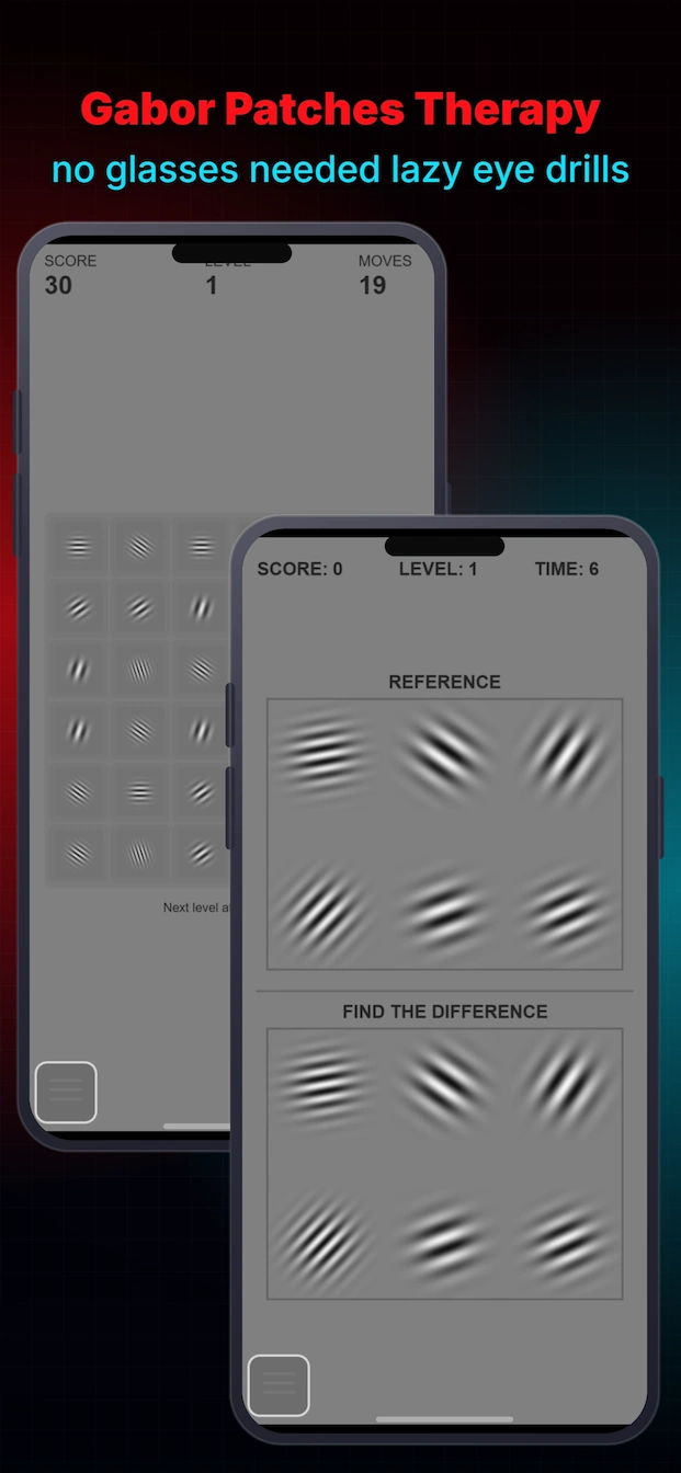 Gabor patch therapy exercises for perceptual learning in amblyopia treatment.