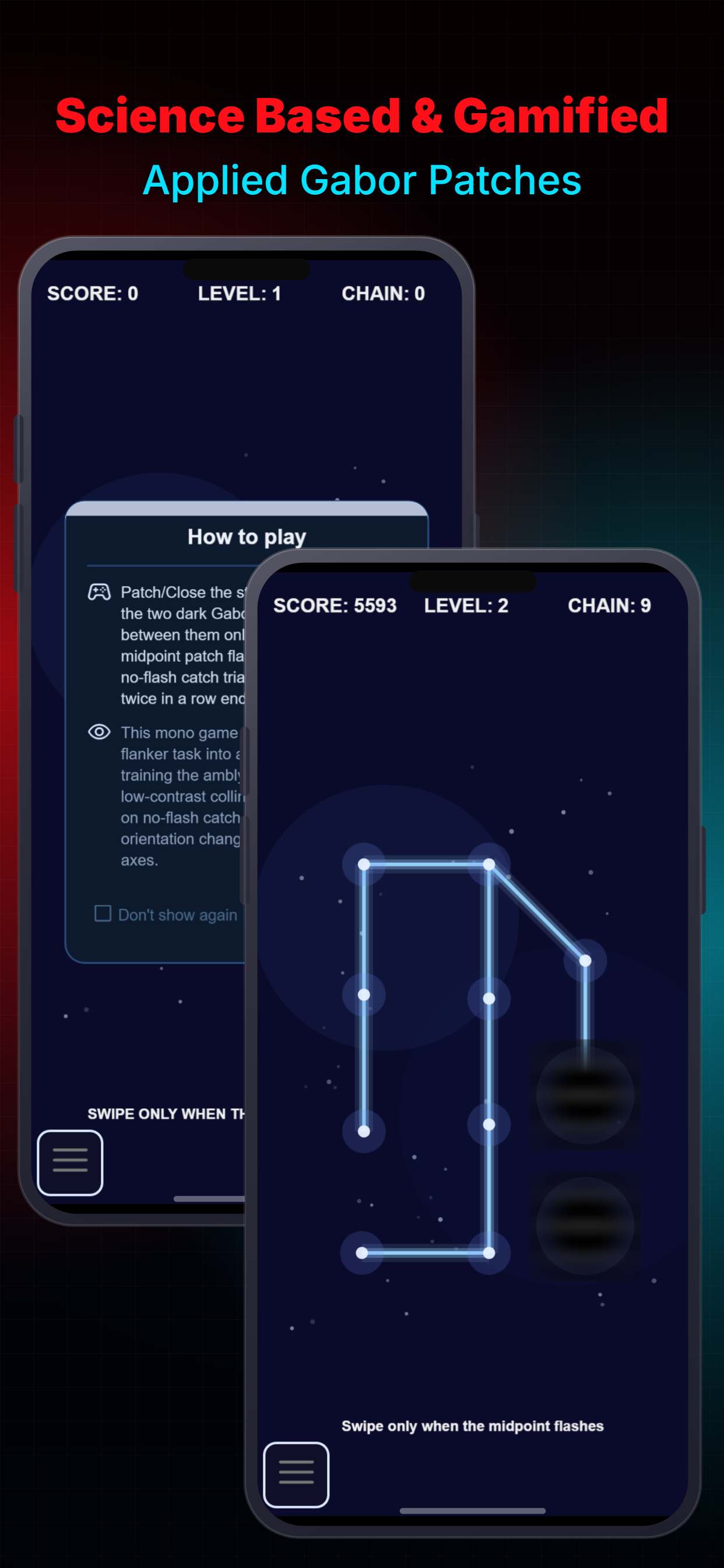 Gabor Constellation perceptual learning game with faint midpoint targets between dark flankers.