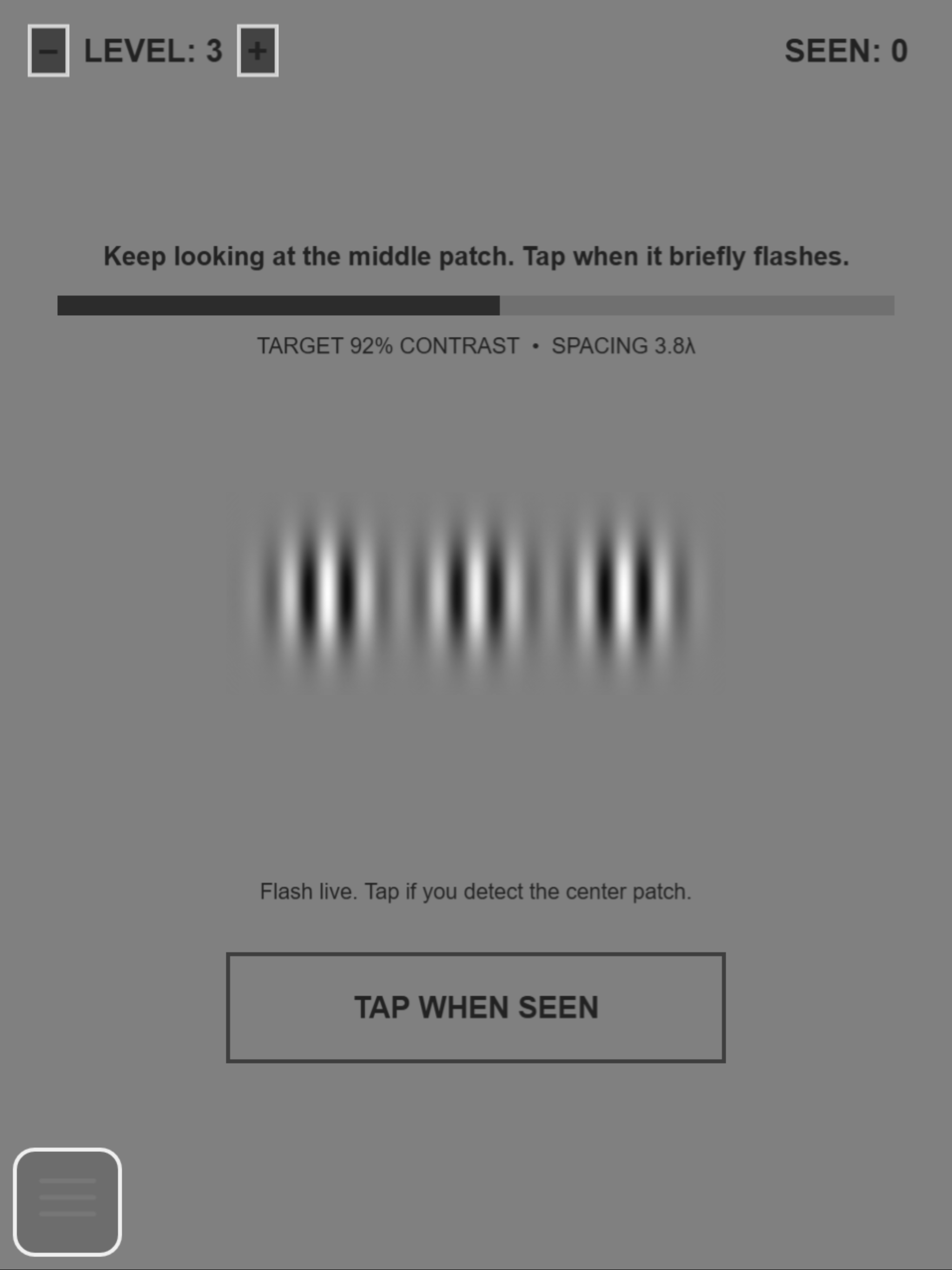 Gabor Flanker perceptual learning exercise for adult lazy eye training showing a faint central Gabor target between two high-contrast flankers