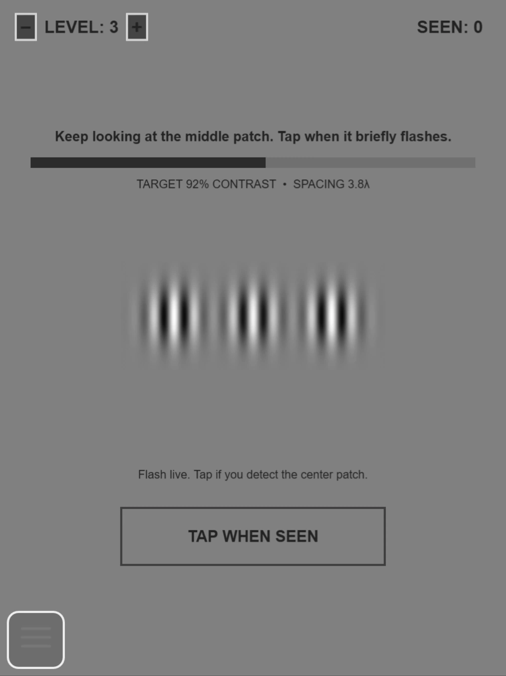 Gabor Flanker screenshot showing a faint central target between two stronger flankers in Lazy Eye Games & Exercises