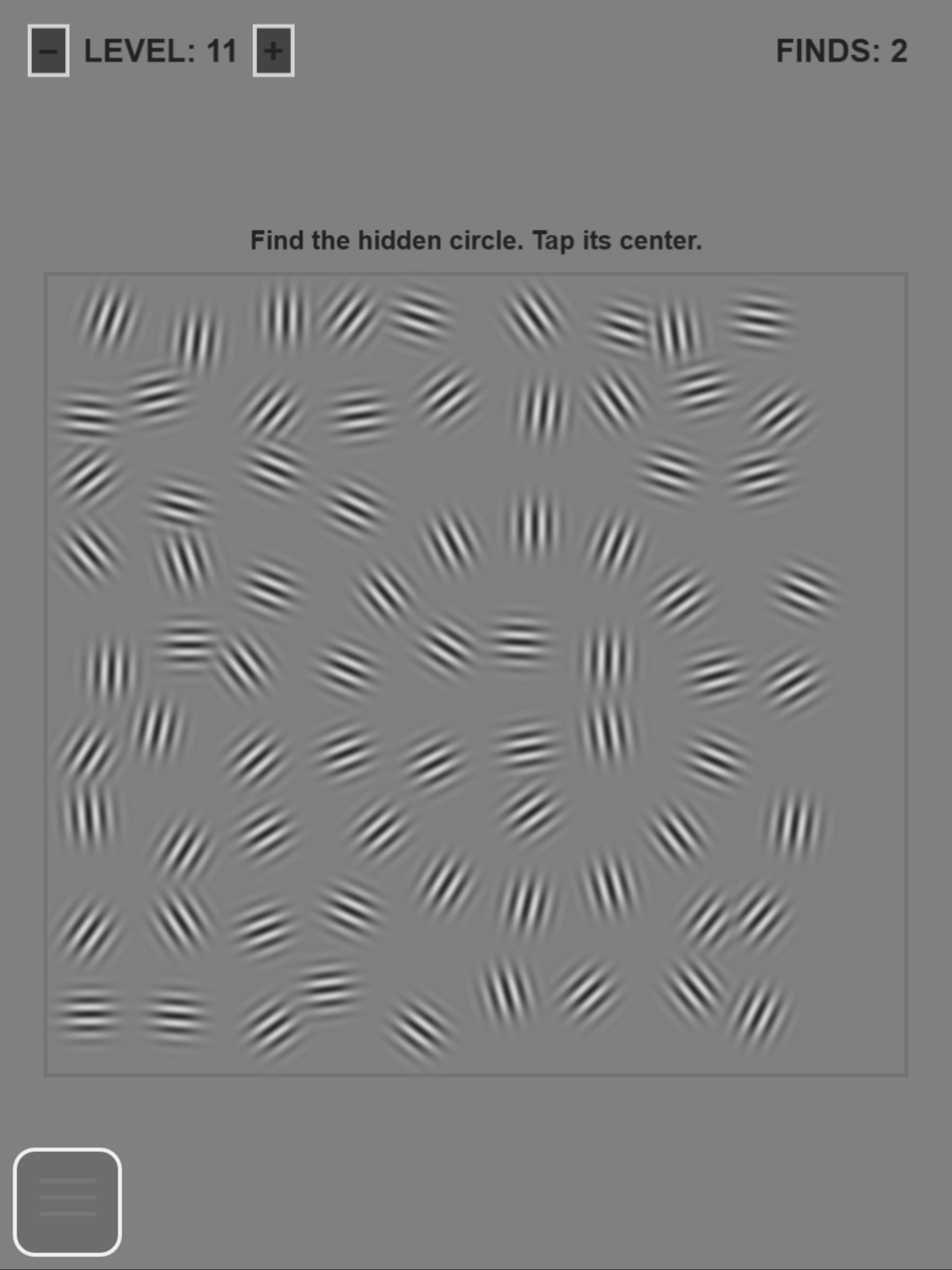 Gabor Contour perceptual learning exercise showing a hidden circular contour embedded in random Gabor noise for amblyopia training
